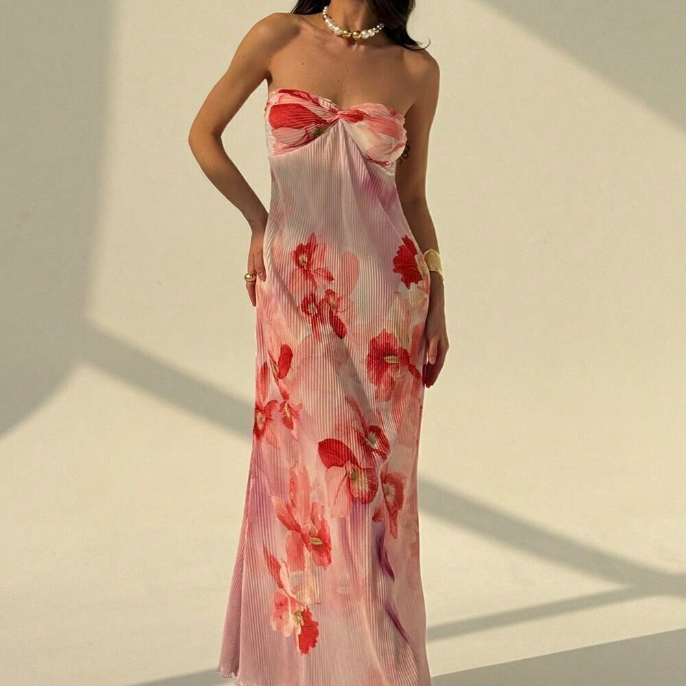 Multicolor Boho Women's Strapless Twist-Front Ruched Floral Print Bodycon Dress - Picture 3 of 7